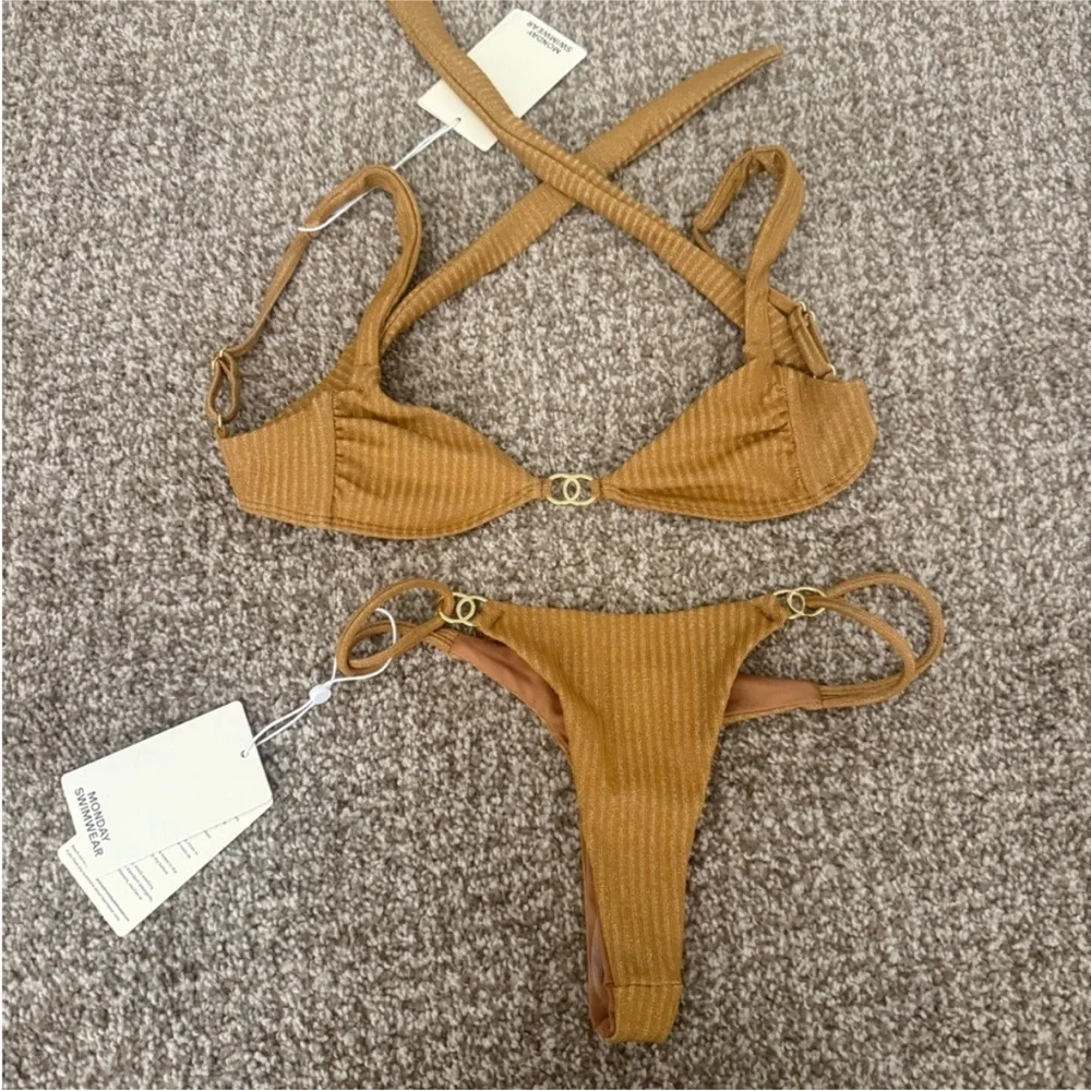 Monday Swimwear Gold Knit Bikini Set both size P